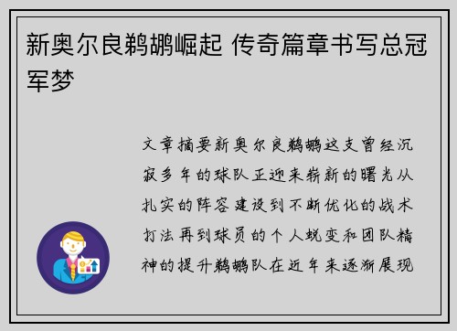 新奥尔良鹈鹕崛起 传奇篇章书写总冠军梦